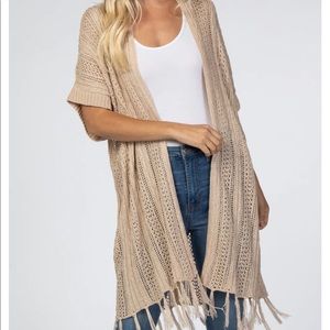 Taupe Open Crochet Knit Tassel Maternity Cardigan